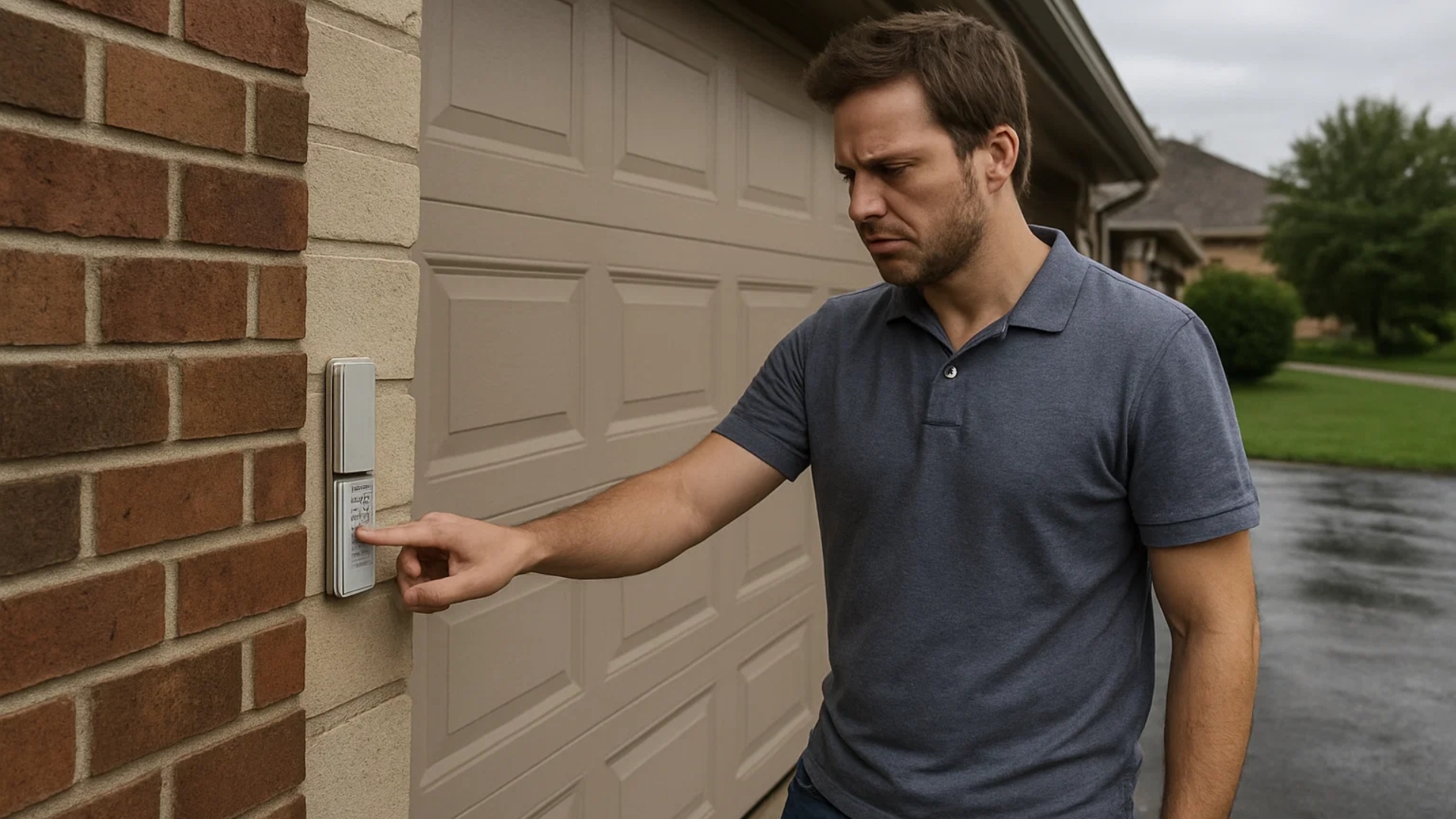 Man pressing garage door keypad with no response, indicating possible garage door problems.