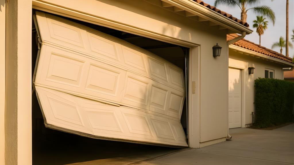 Misaligned garage door hanging crookedly on a residential garage