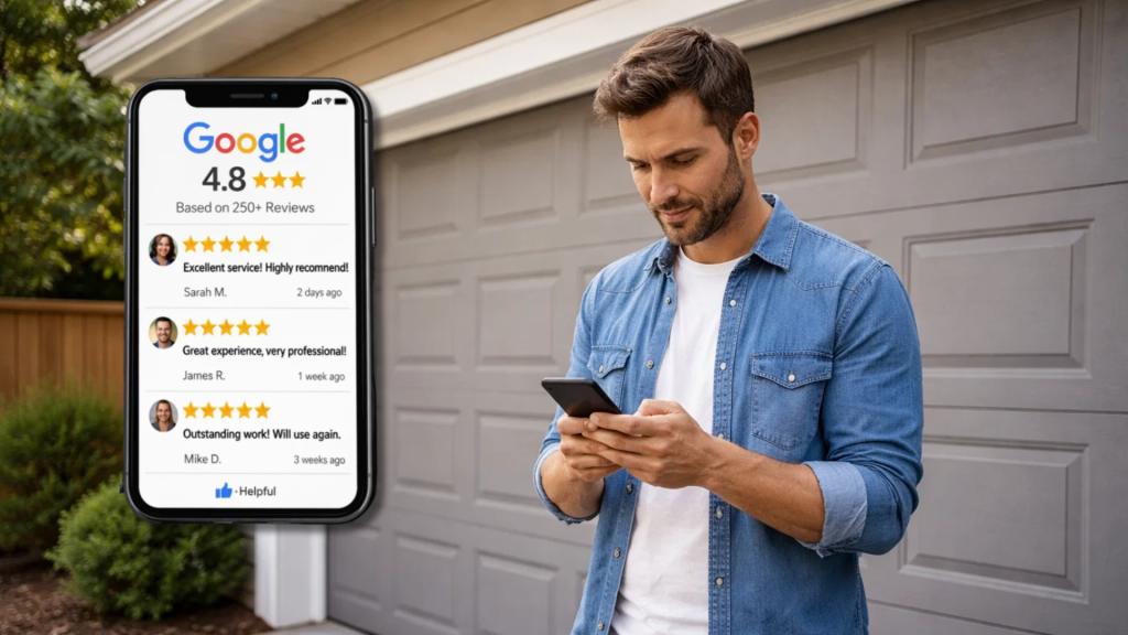 Customer checking Google reviews before choosing a garage door repair service