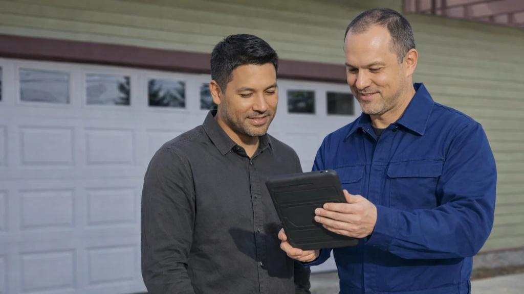 Local garage door expert discussing repair options with the homeowner