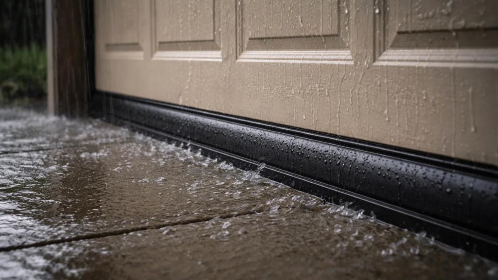 Close view of garage door weatherstripping protecting the garage from rainwater