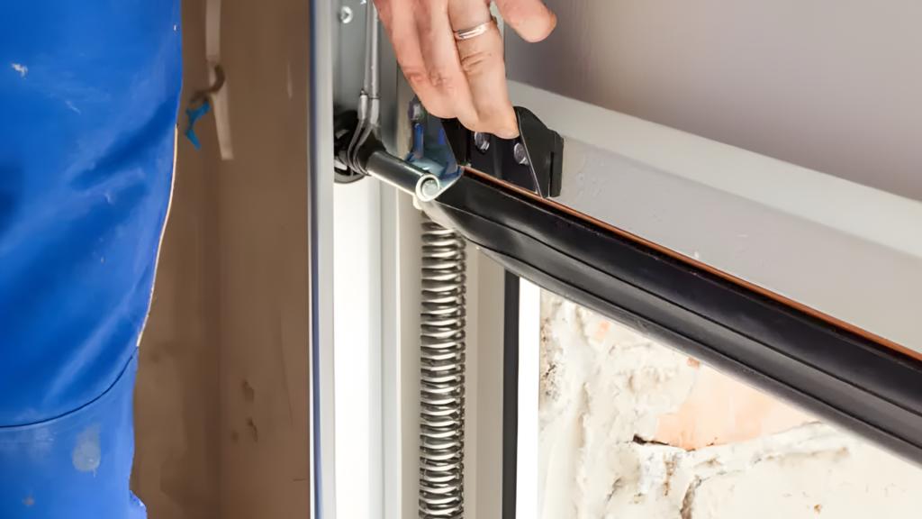 Close-up of garage door weatherstripping installation along the bottom panel of a garage door