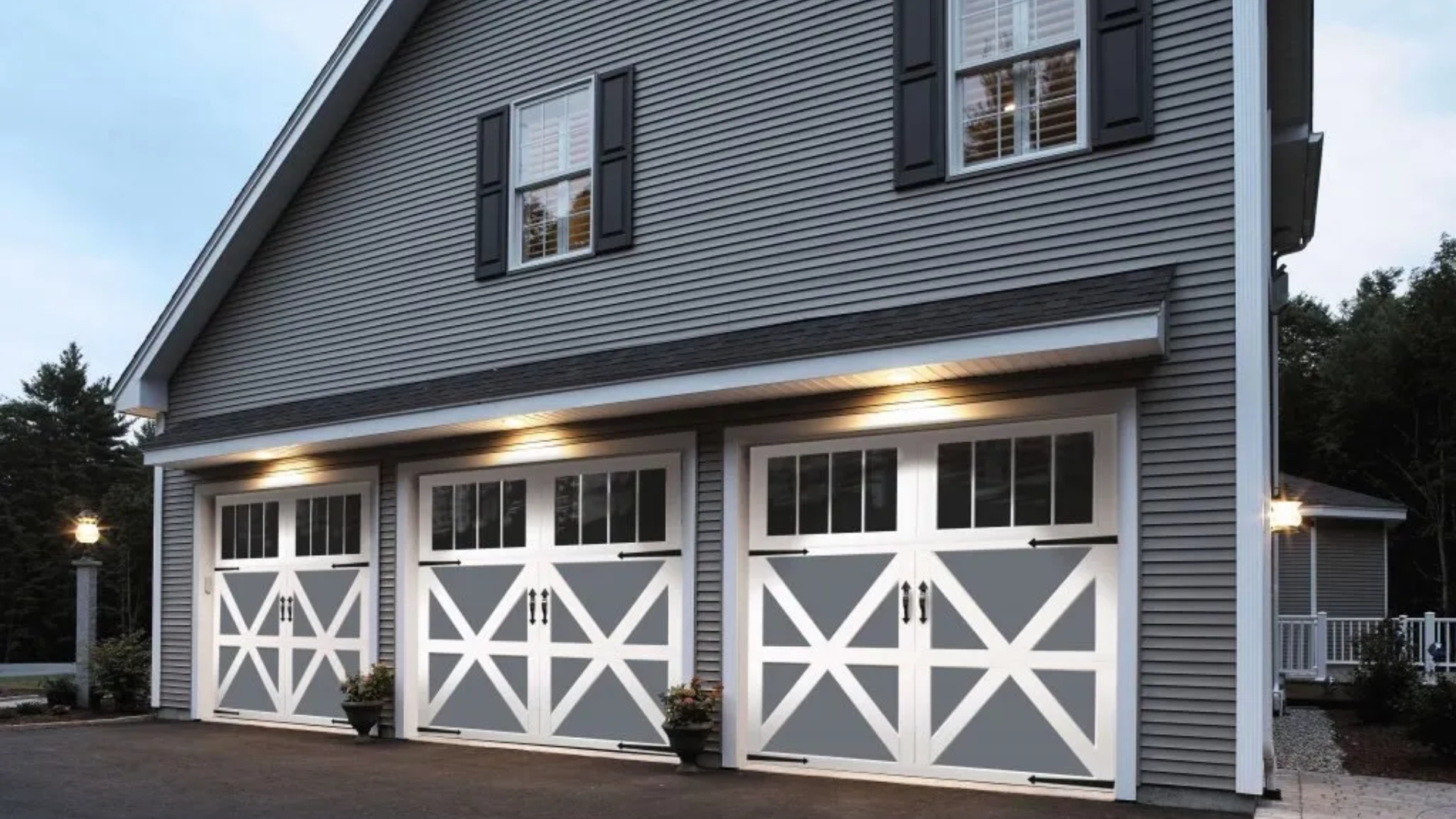 Carriage-style garage doors with magnetic garage hardware