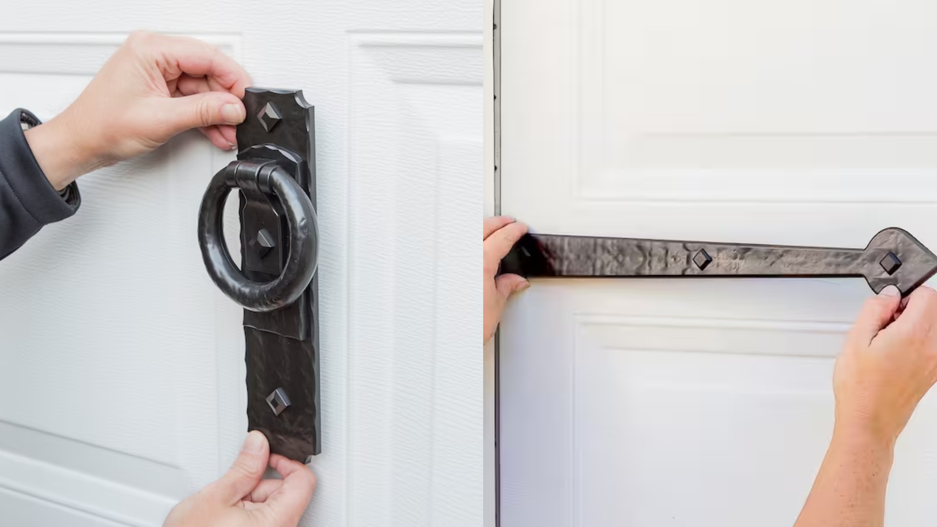 A homeowner installing magnetic garage hardware on their garage door