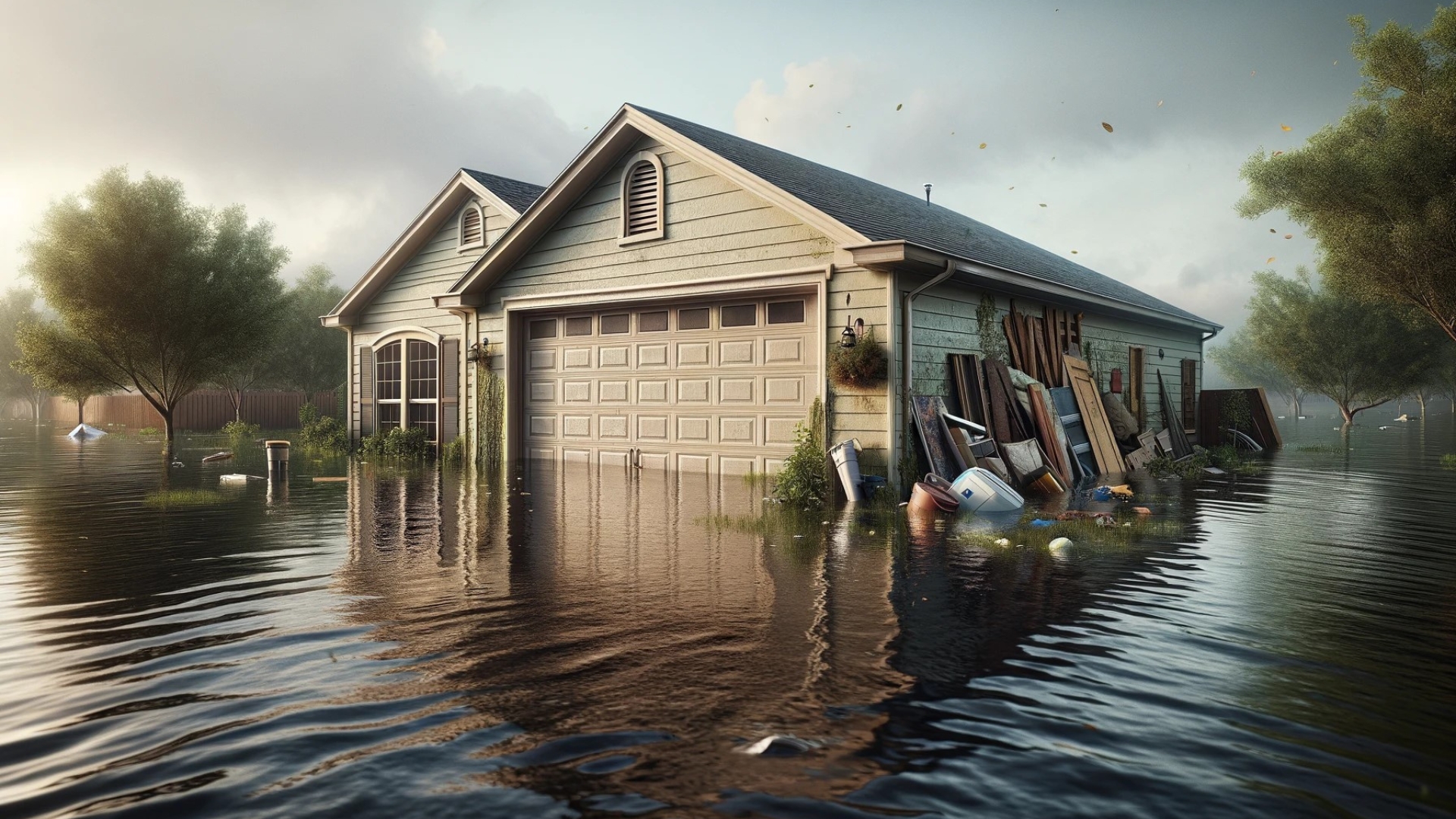A house with attached garage submerged in floodwater
