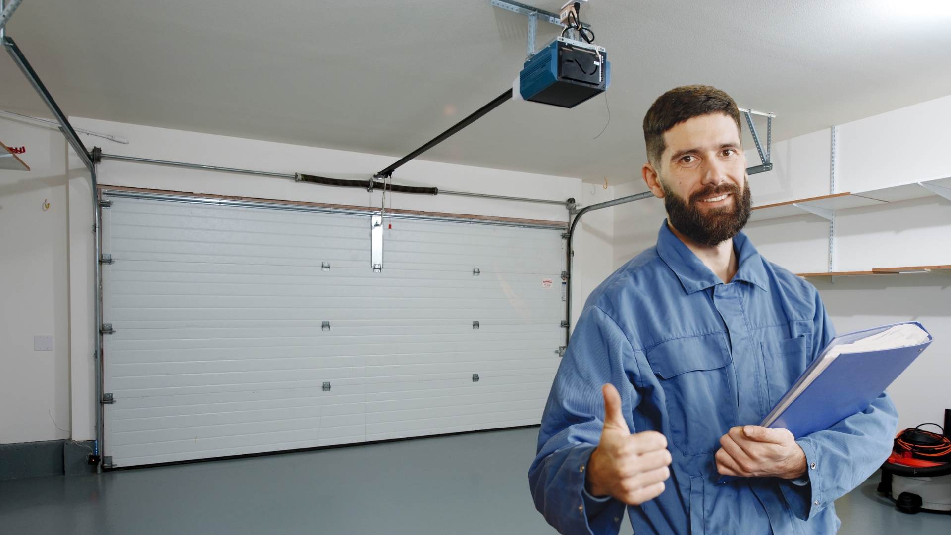 A garage door technician giving a thumbs-up after fixing a slow garage door issue.