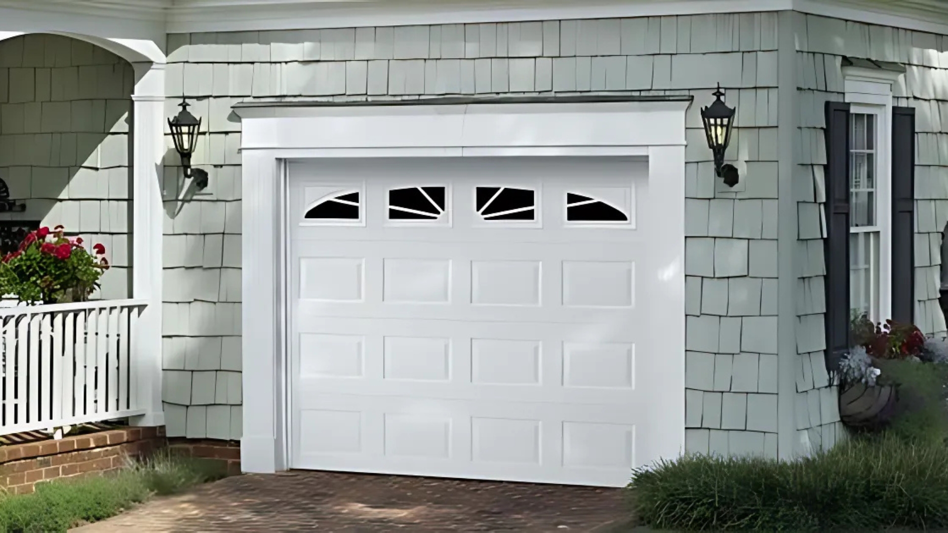 White small garage door with decorative window inserts