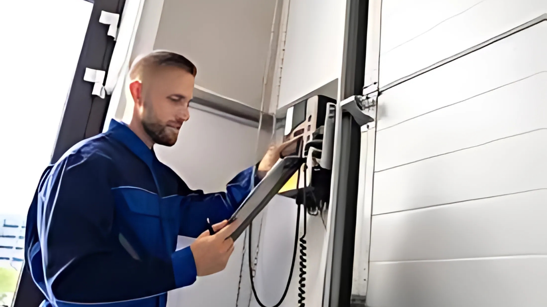 A garage door expert in Valley Village performing an annual garage door maintenance