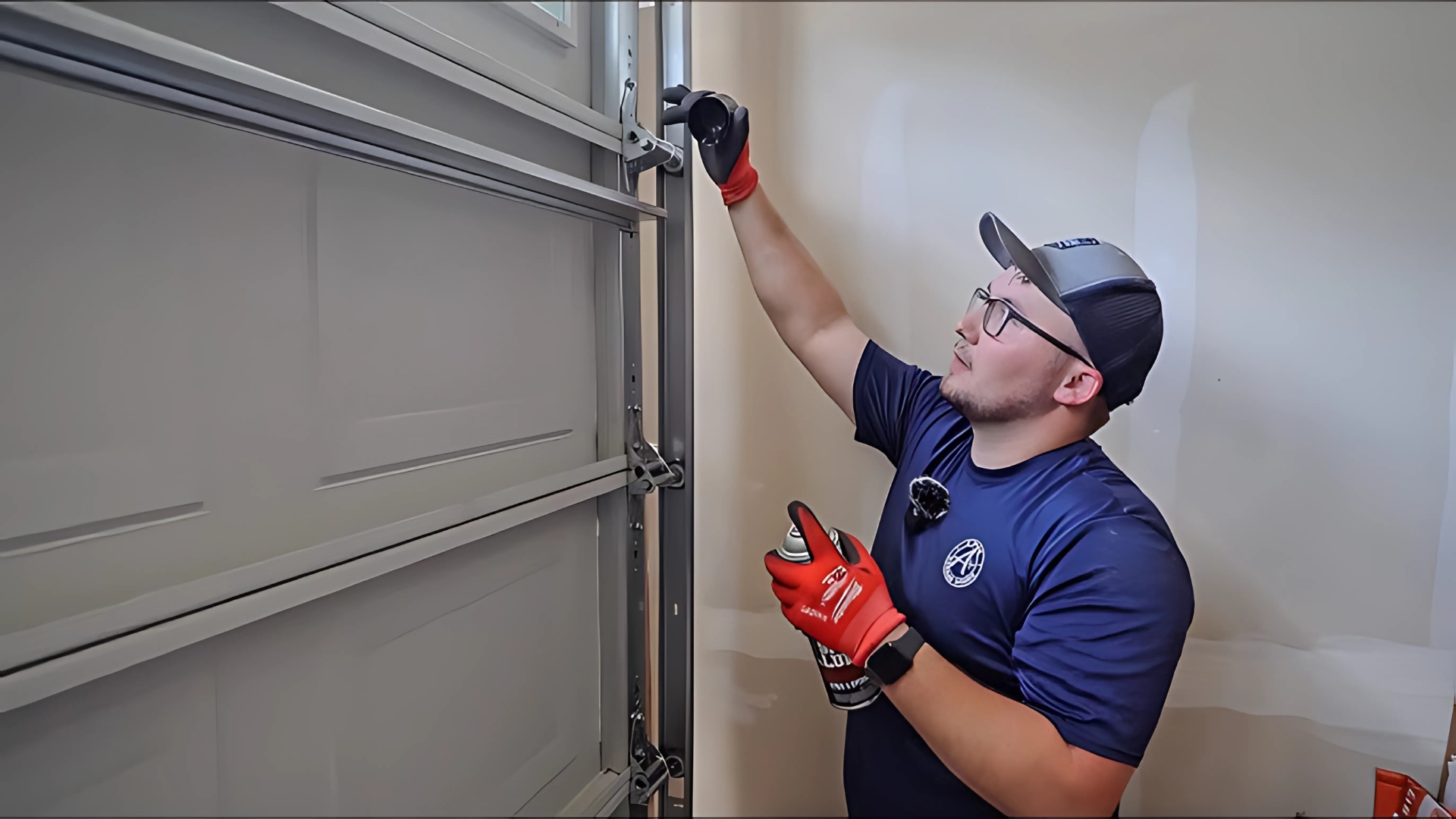 A garage door technician lubricating the garage door hinges