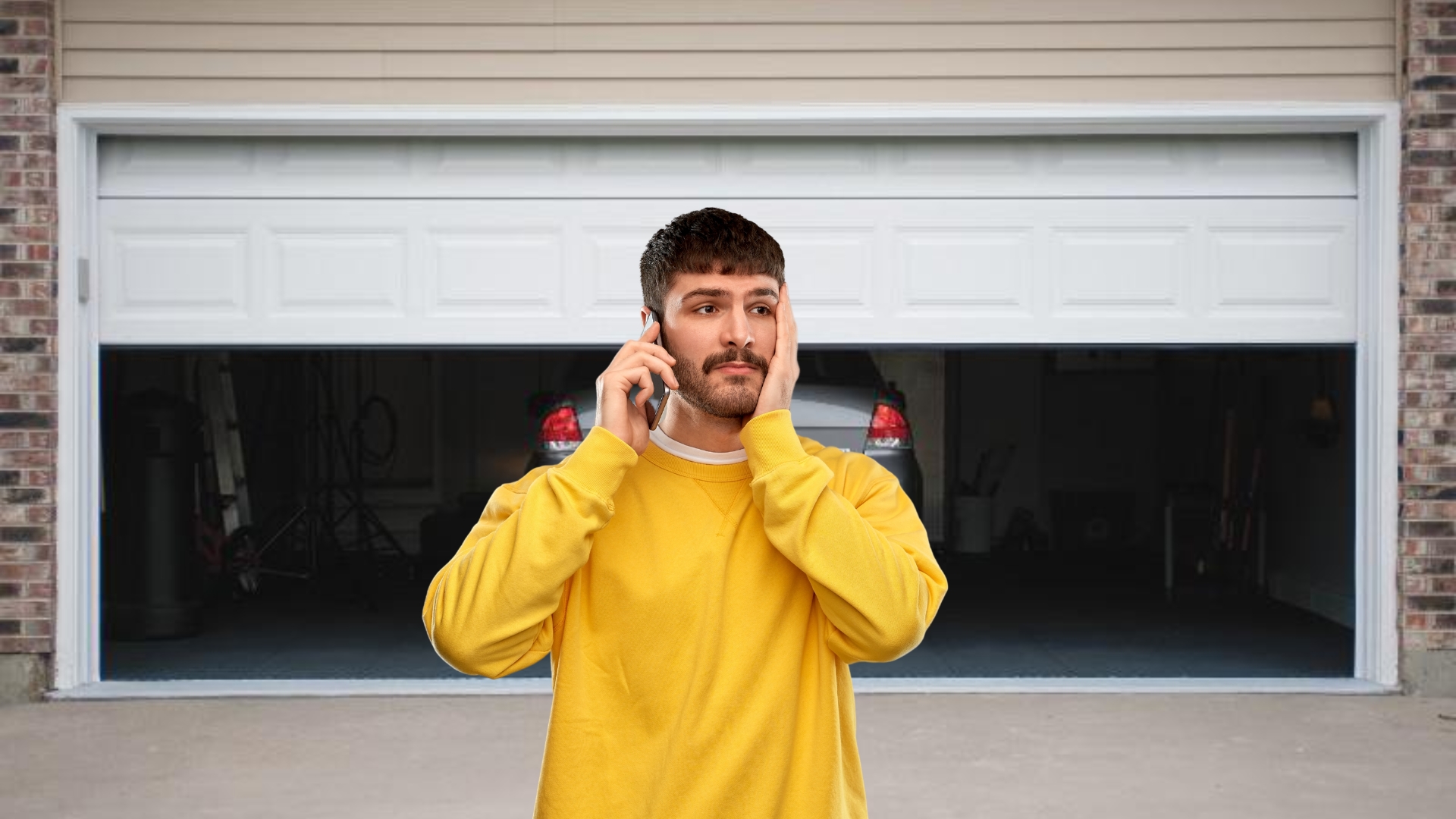A man on the phone standing outside his garage, looking concerned, in need of emergency garage door repair services.