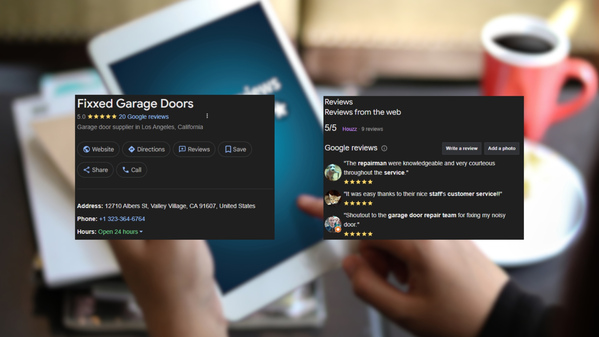 A person checking the Google business profile showing 5-star reviews for garage door repair experts in Valley Village