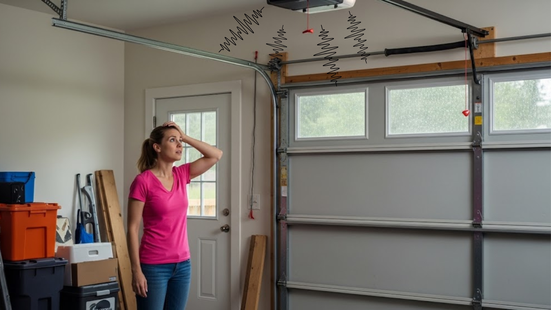 A homeowner looking frustrated and confused with a garage door not opening even with the motor running