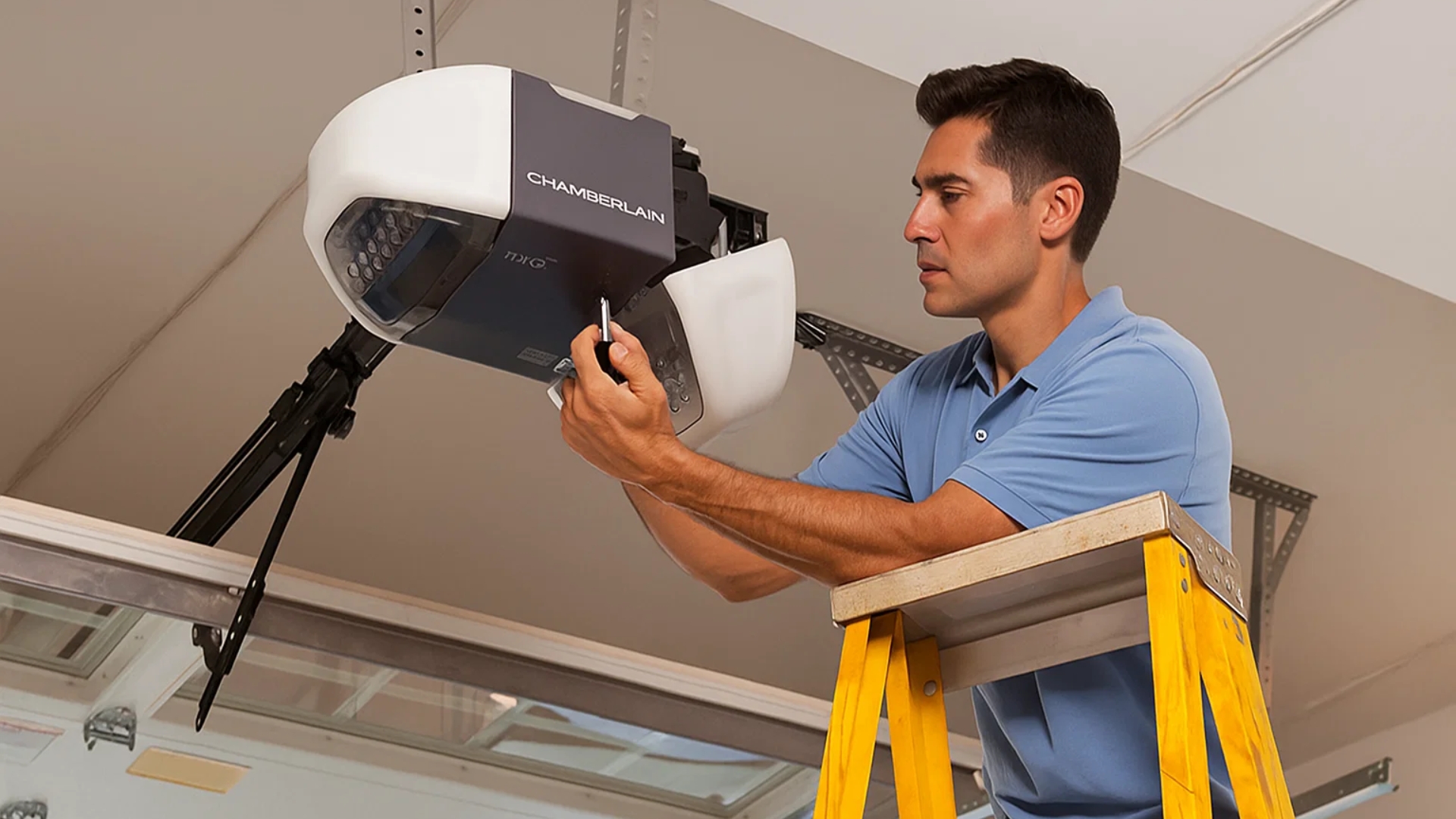 A Studio City garage door expert handling a garage door emergency repair on a Chamberlain opener