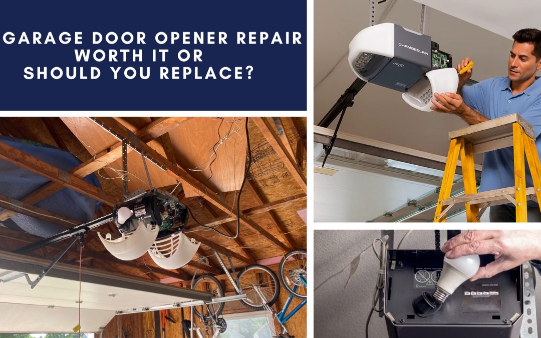 Garage door opener repair in progress with technicians working on different opener models