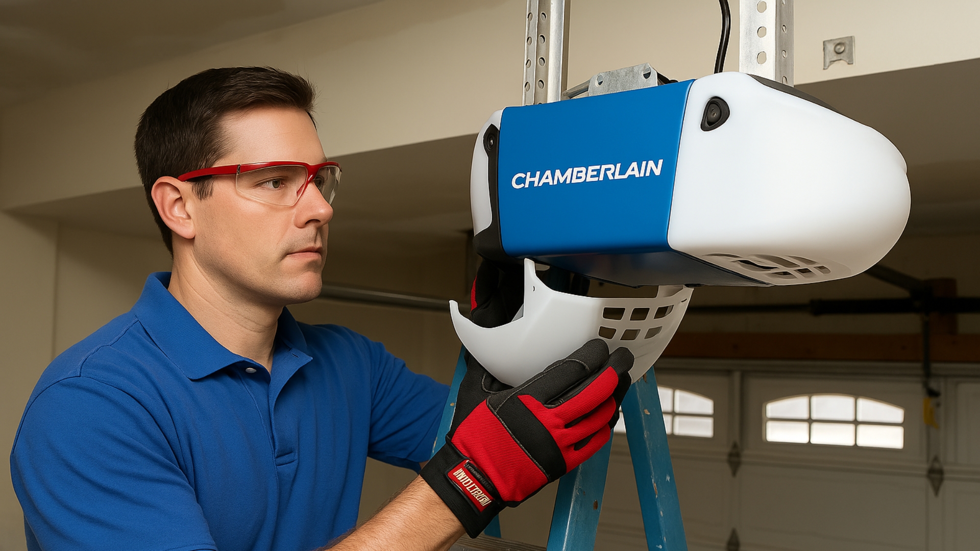A technician performing a garage door opener repair on a Chamberlain unit