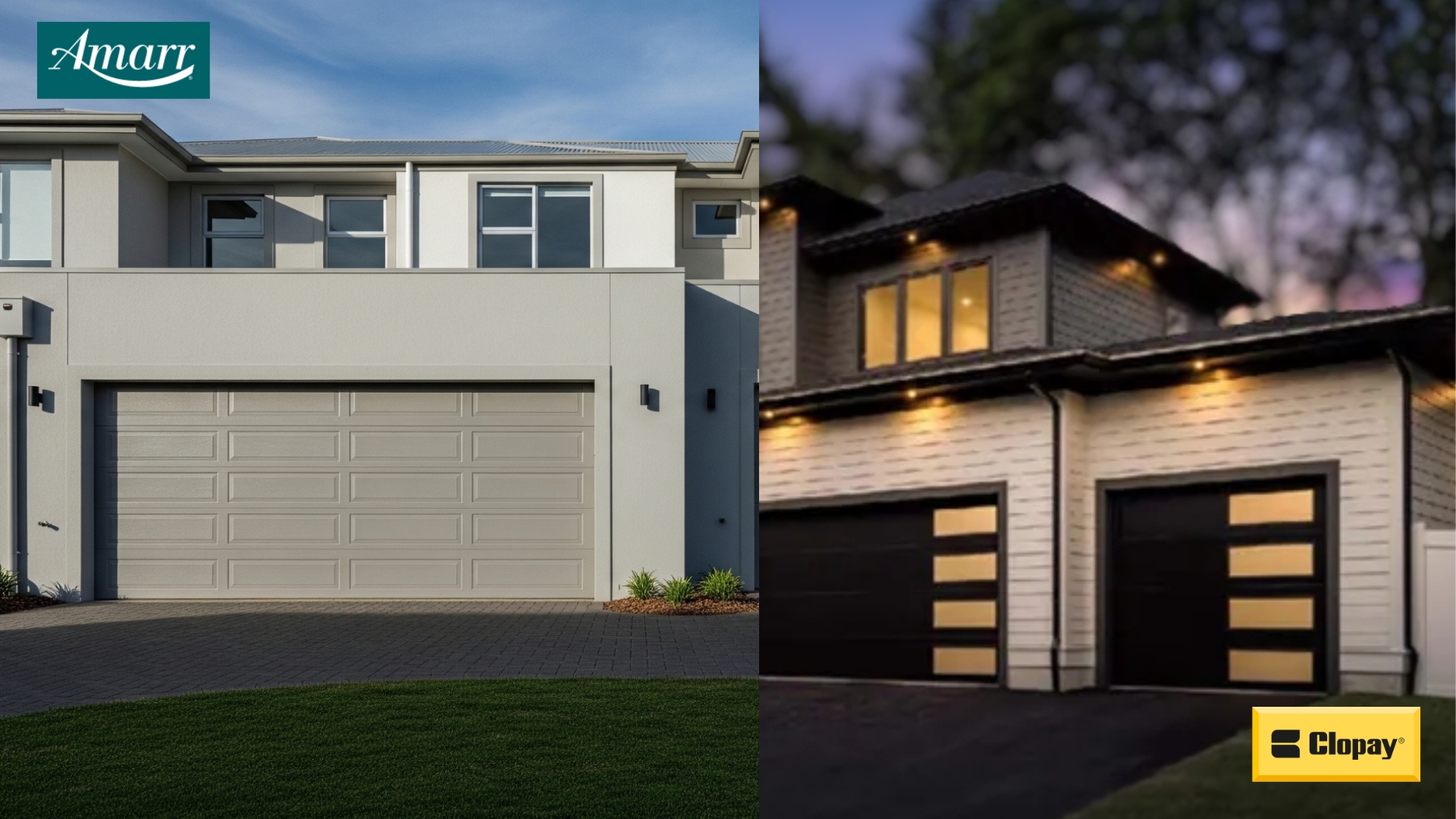 Clopay vs Amarr garage doors side by side highlighting brand safety.