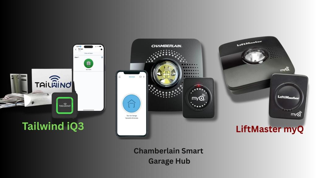 Smart garage door systems including Tailwind iQ3, Chamberlain hub, and LiftMaster myQ