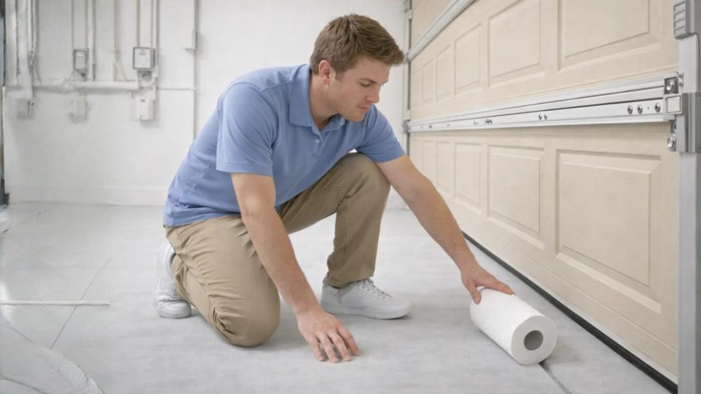A homeowner testing a garage door’s safety features to protect children and pets.