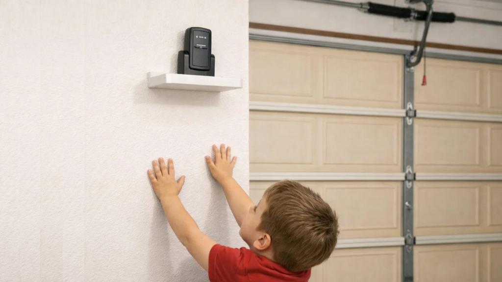 A child reaching for a garage control panel demonstrates why garage door safety matters for families.