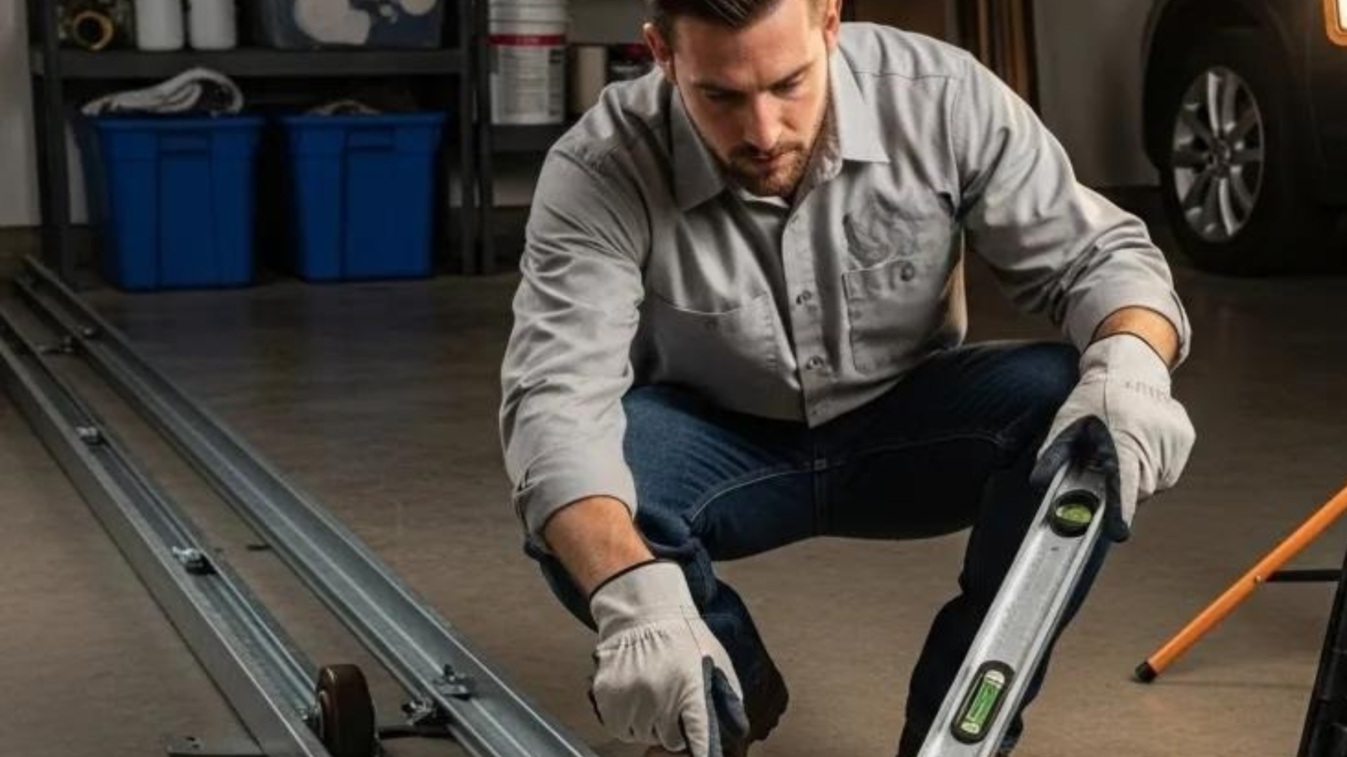 A licensed technician performing a garage door track repair in Valley Village