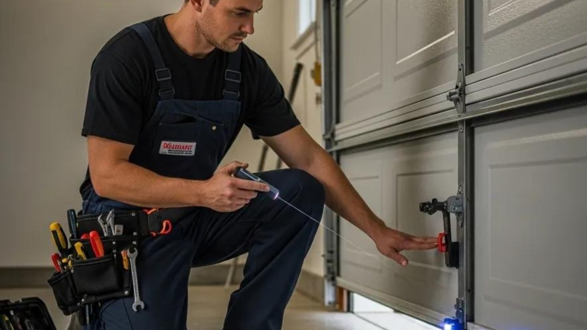 Professional technician inspecting garage door mechanisms for garage door summer prep maintenance in Valley Village