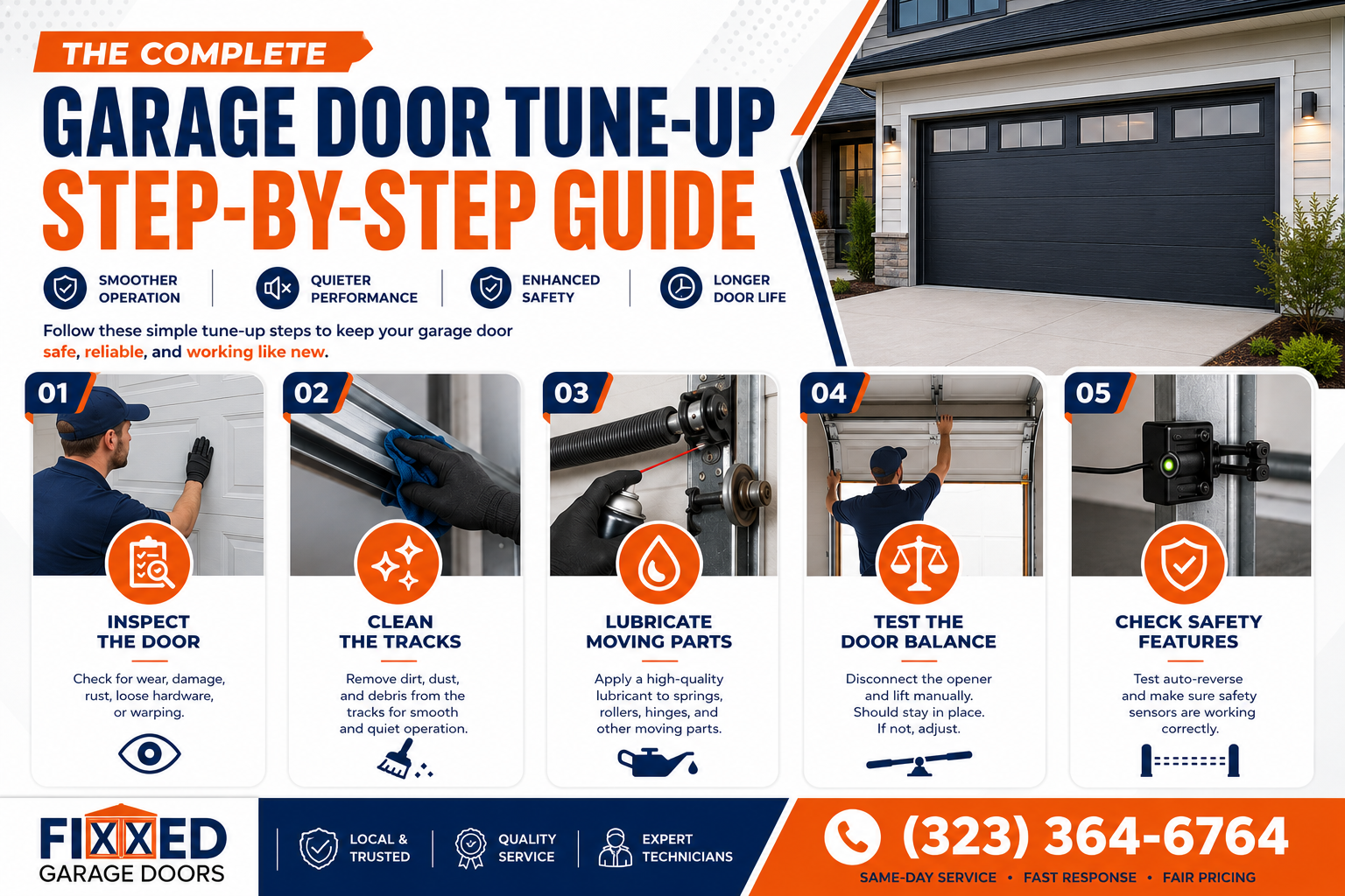Garage door tune-up step-by-step guide showing inspection, cleaning, lubrication, balance testing, and safety checks