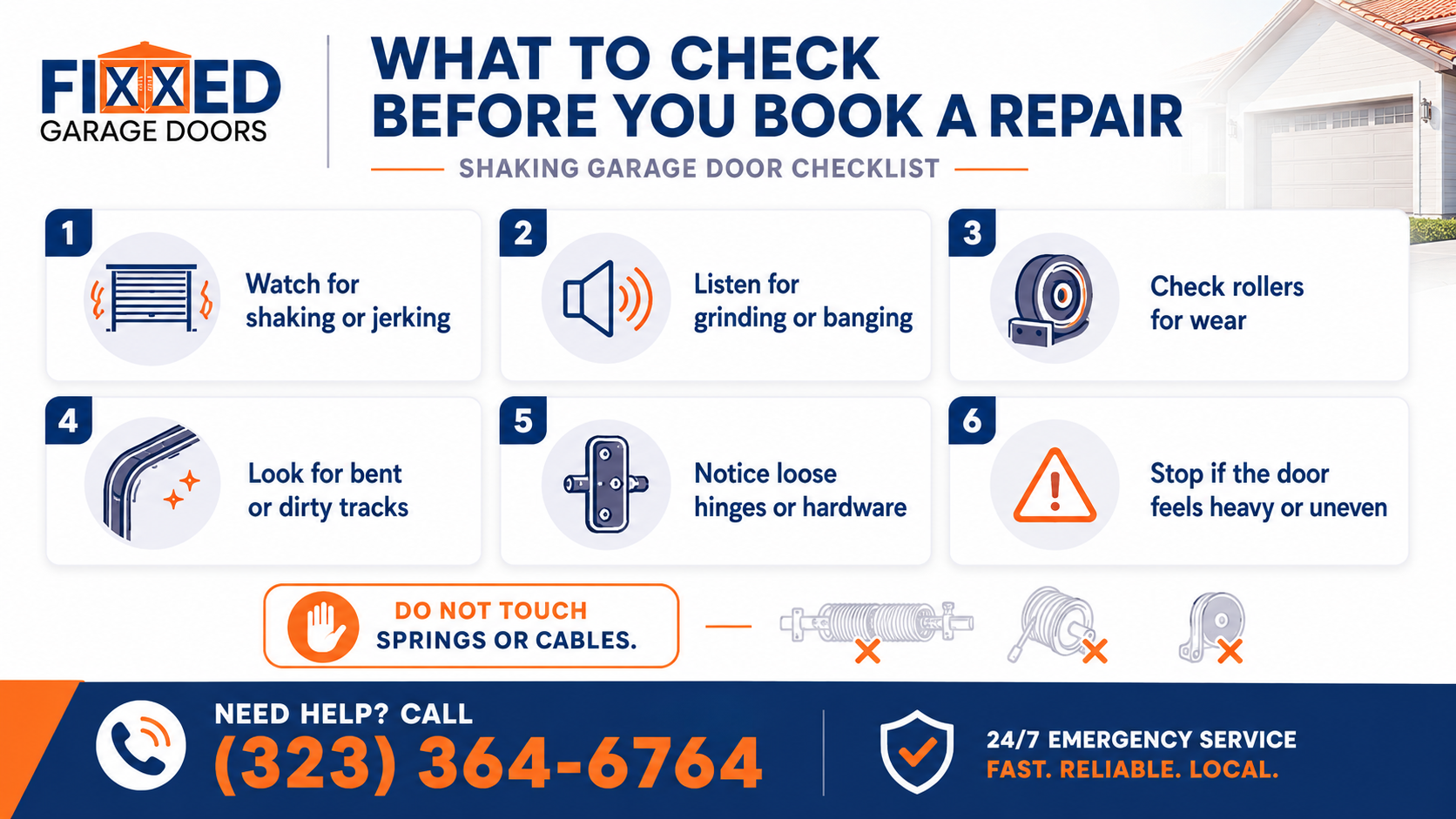 Shaking garage door checklist for homeowners showing six inspection steps including checking for shaking, grinding, worn rollers, bent tracks, loose hinges, and heavy door