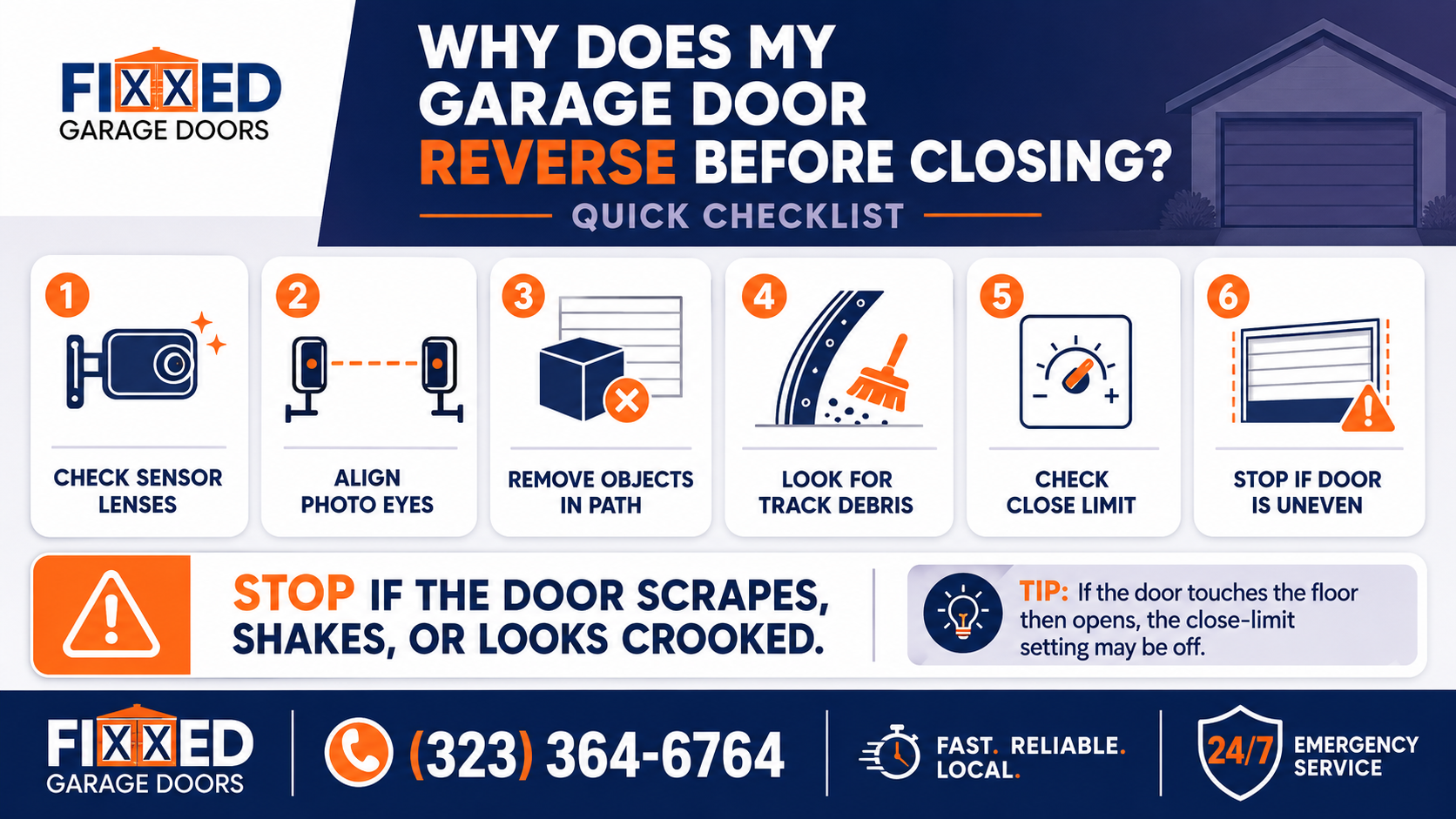 Garage door reverses closing checklist for common causes and safety checks