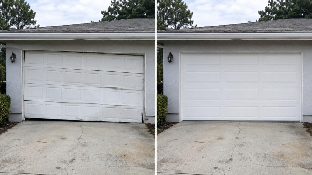 Before-and-after comparison showing an off-track garage door on the left and a newly replaced residential garage door on the right.