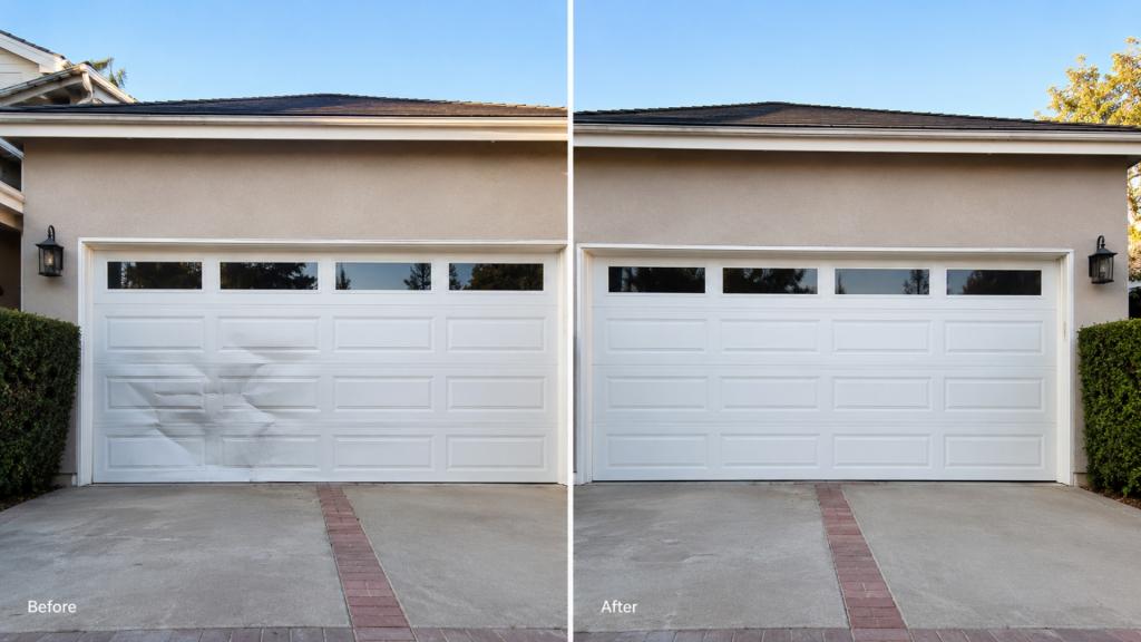 Before-and-after garage door panel repair showing damaged lower panels on a white residential garage door restored to a clean, even finish