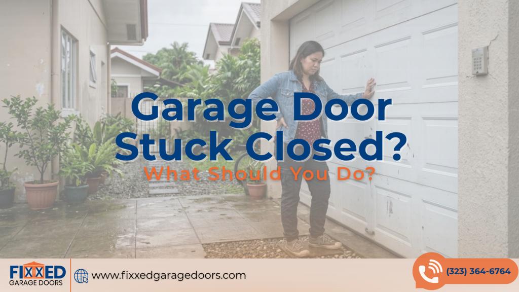 Homeowner standing beside a garage door stuck closed for a guide on what to do when a garage door will not open
