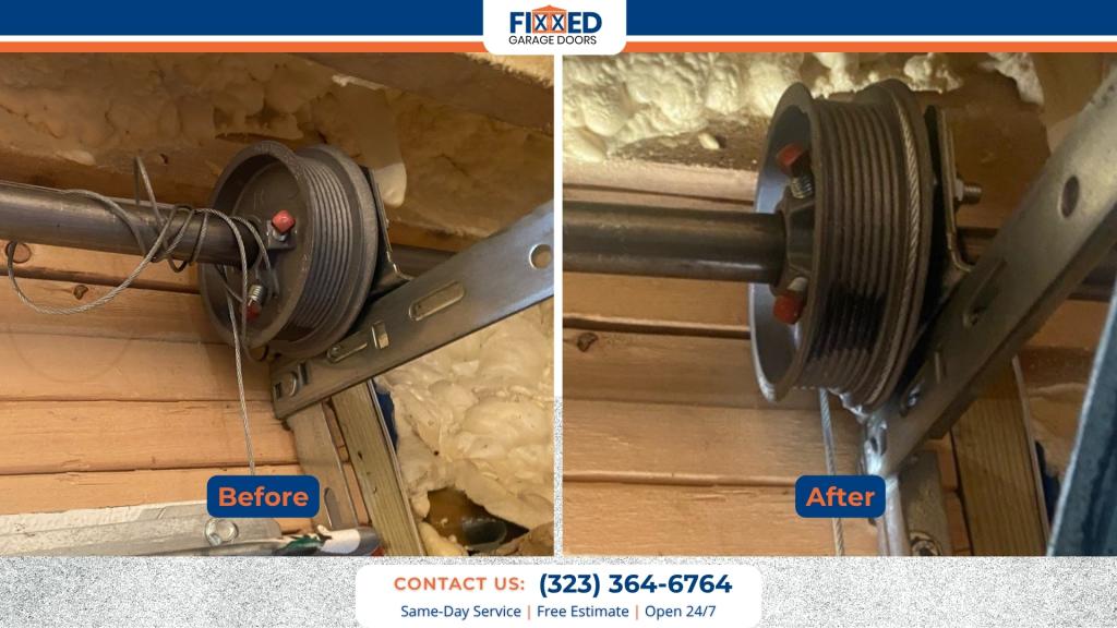 Before and after garage door cable repair showing the cable properly secured around the lift drum