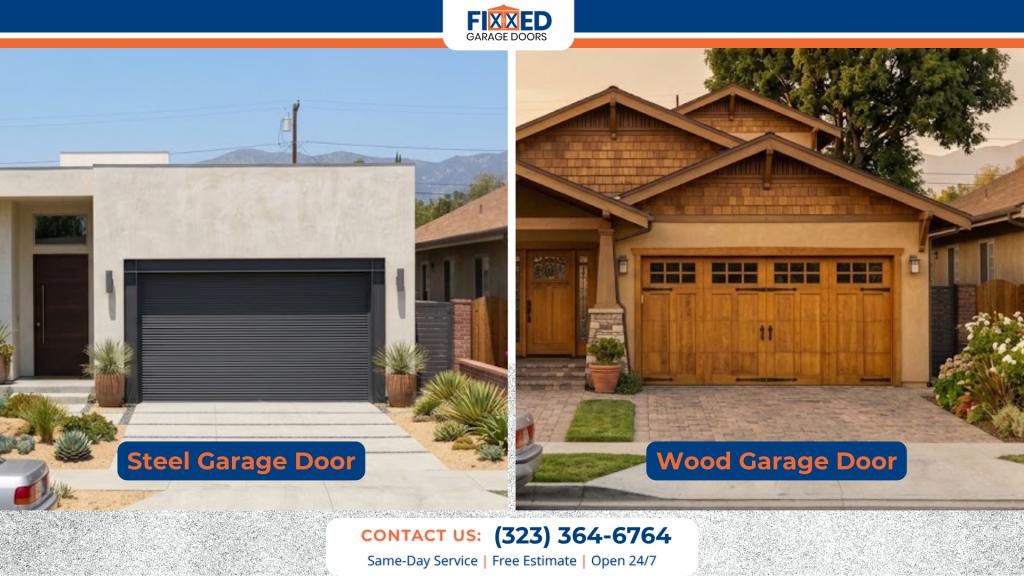 Side-by-side comparison of a steel garage door and wood garage door on residential homes, highlighting different styles and materials