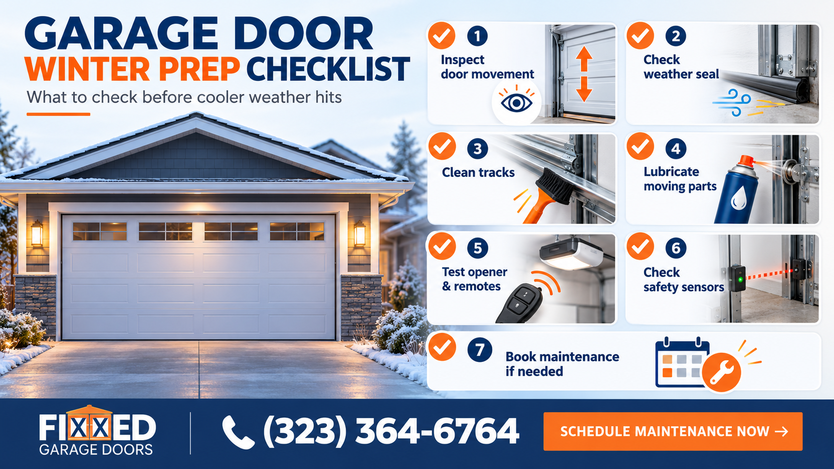 Garage door winter prep checklist by Fixxed Garage Doors showing maintenance steps before cooler weather in Valley Village